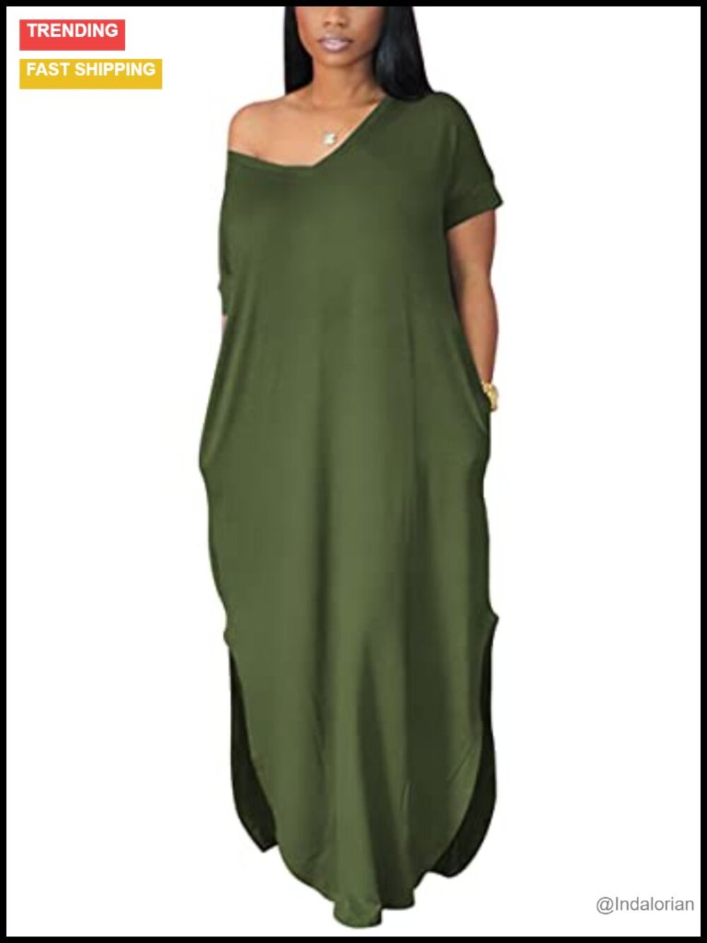 Women's V Neck Loose Side Split Maxi Dress with Pockets
